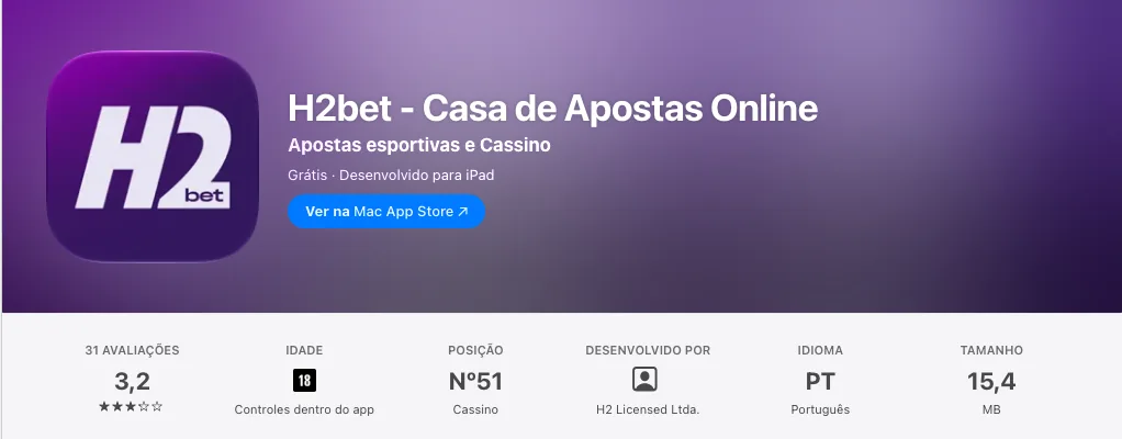 Página do app H2bet - Casa de Apostas Online na App Store: 3,2 de 5 em 31 avaliações, desenvolvido por H2 Licensed Ltda.