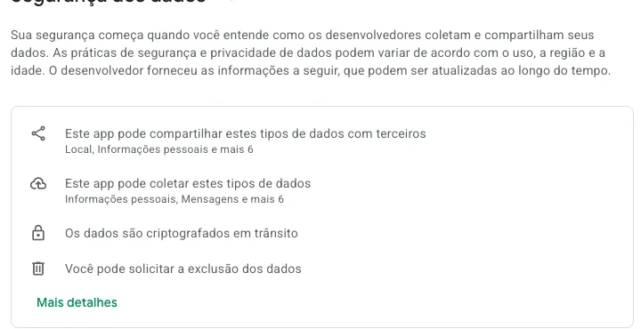 Seção Segurança dos dados do app da H2bet no Google Play